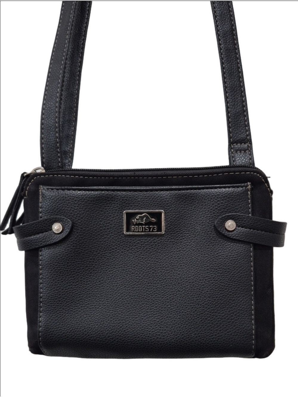 Roots 73 Black Pebbled Vegan Leather Crossbody Bag Triple Zip Multi-Pocket Purse